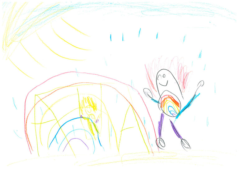 Eine Kinderzeichnung mit einem Kind auf einem Spielplatz, der Mama, der Sonne und blauem Himmel