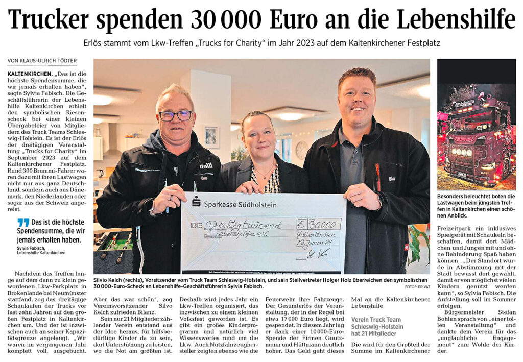 Segeberger Zeitung vom 15.01.2024 über eine Spende des Truck Team SH an die Lebenshilfe Schleswig-Holstein über 30.000 Euro
