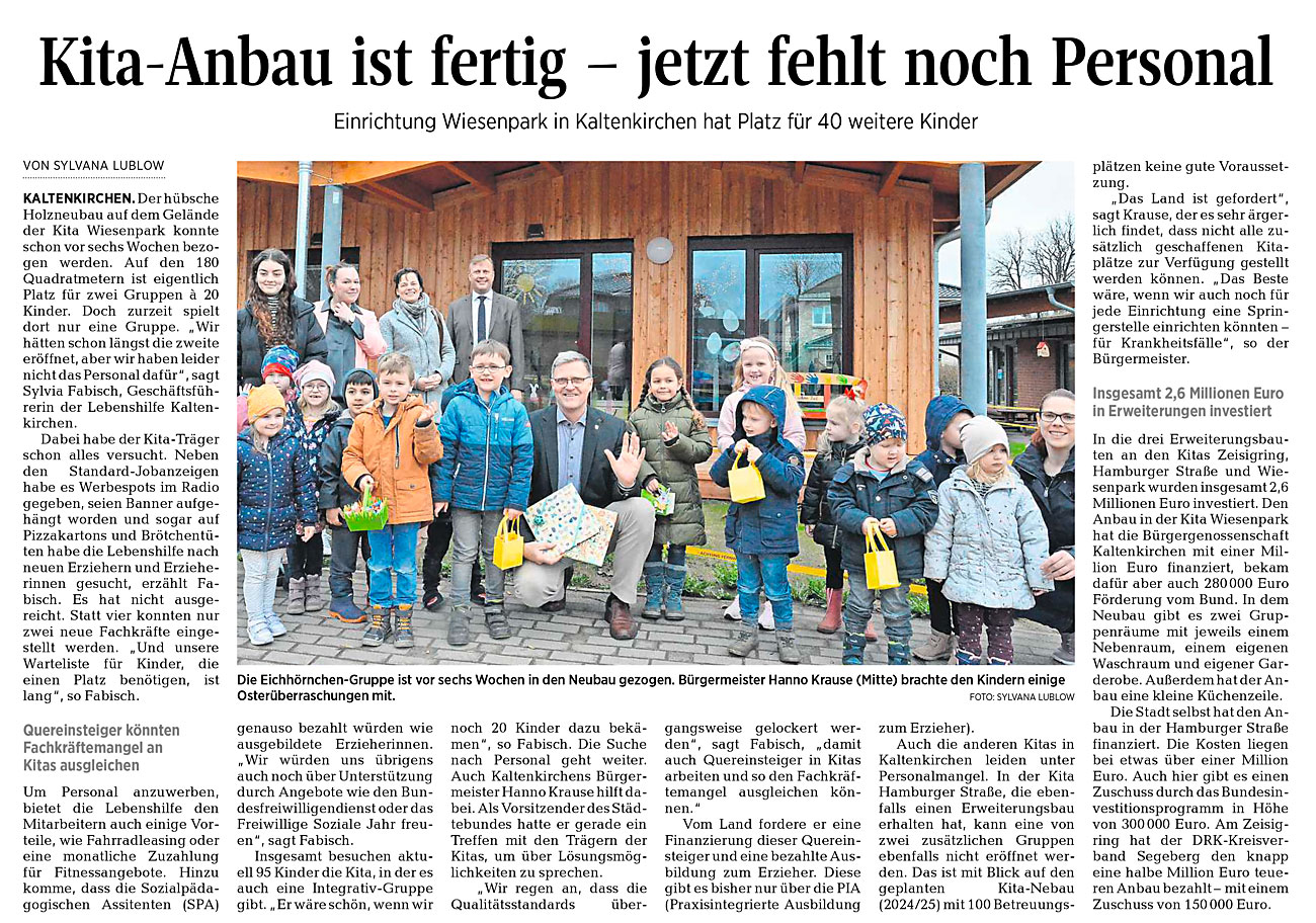 Segeberger Zeitung vom 01.04.2023: Kita-Anbau ist fertig - jetzt fehlt noch Personal. Einrichtung Wiesenpark in Kaltenkirchen hat Platz für 40 weitere Kinder
