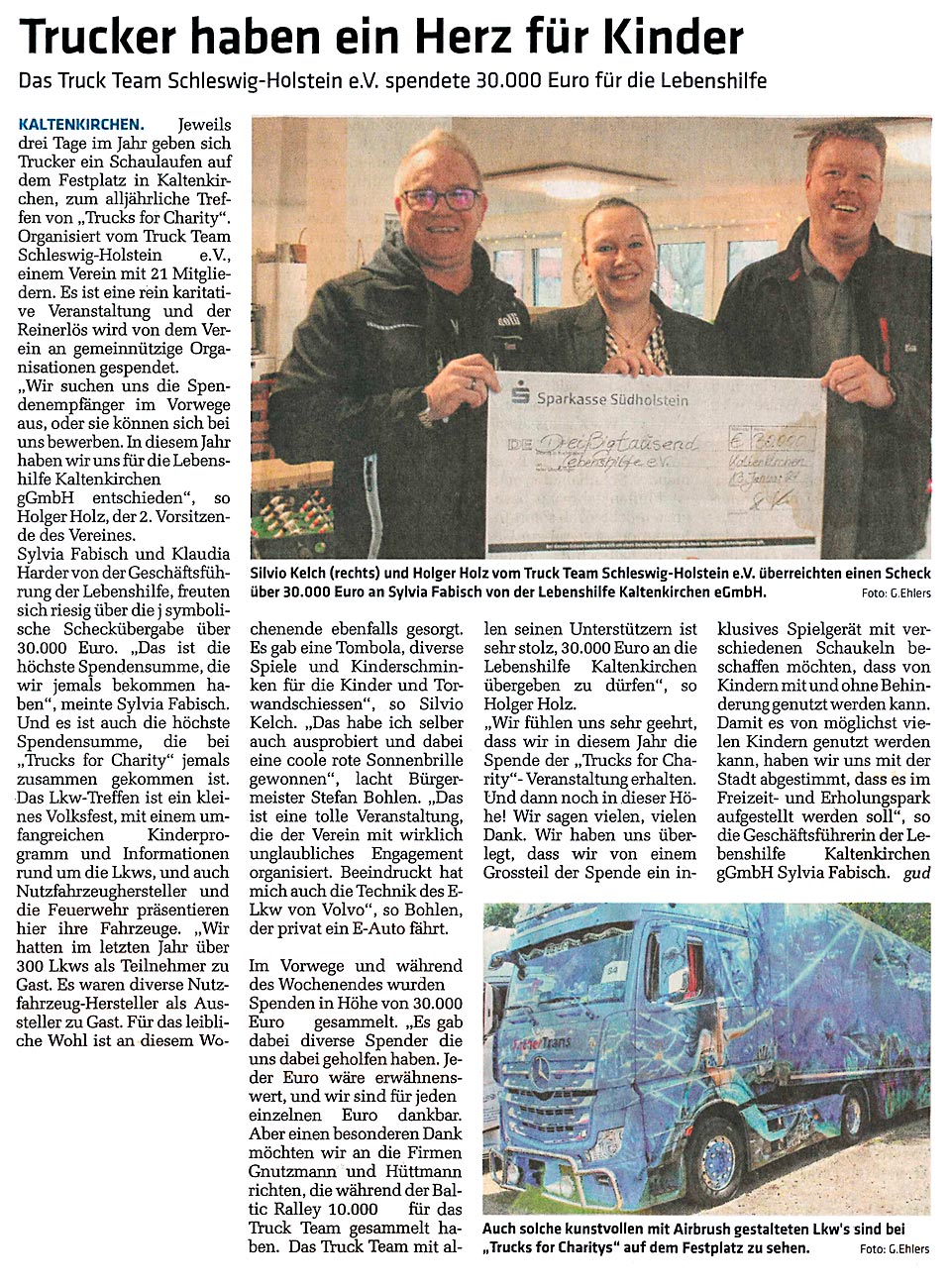 Umschau Kaltenkirchen vom 20.01.24 über eine Spende des Truck Team SH an die Lebenshilfe Schleswig-Holstein über 30.000 Euro