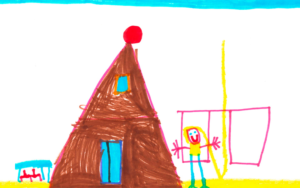 Kinderzeichnung mit Haus, Schaukel und Kind aus der Kita KinderZeit